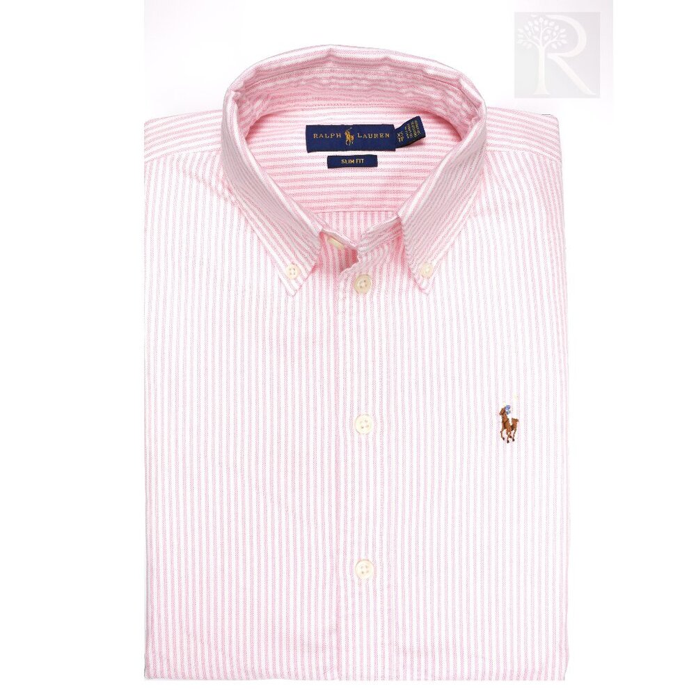 NWT Polo Women LS Classic Fit Oxford Shirt Pink/White Stripe MSRP $128.00
